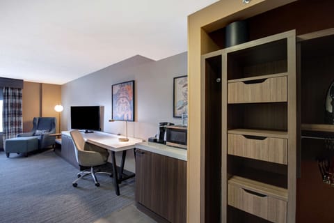 Down comforters, desk, laptop workspace, blackout drapes