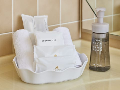 Combined shower/tub, eco-friendly toiletries, hair dryer, slippers