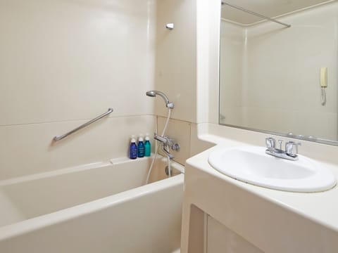 Combined shower/tub, eco-friendly toiletries, hair dryer, slippers