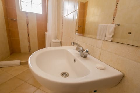 Combined shower/tub, free toiletries, towels