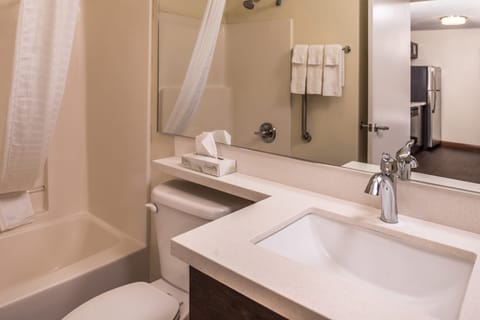 Combined shower/tub, deep soaking tub, free toiletries, hair dryer