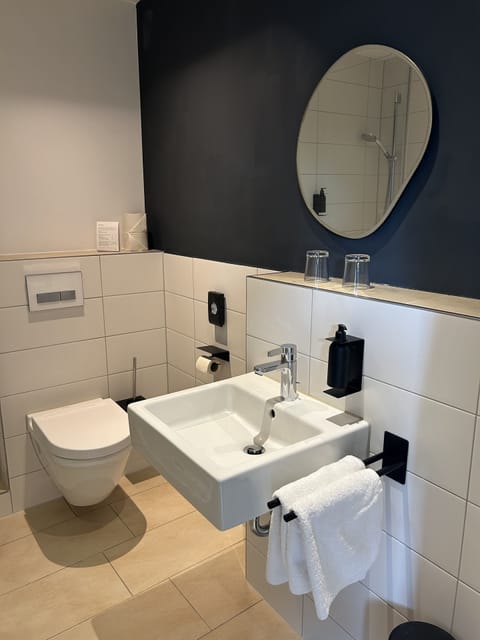 Hair dryer, towels, soap