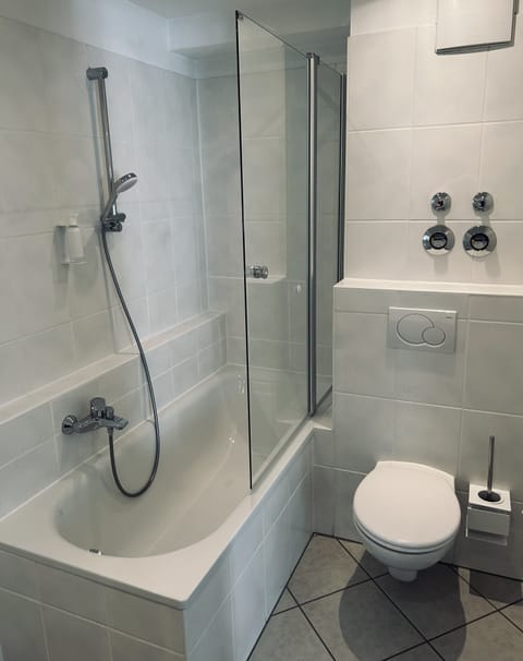 Hair dryer, towels, soap