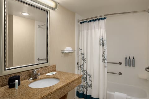 Combined shower/tub, free toiletries, hair dryer, towels