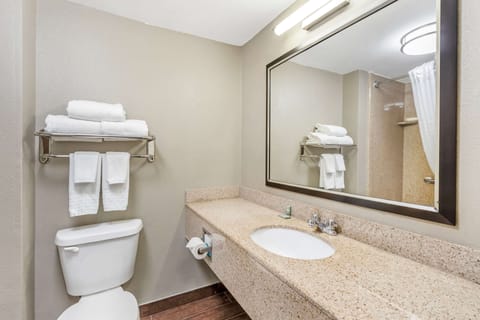 Combined shower/tub, free toiletries, hair dryer, towels