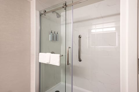 Combined shower/tub, free toiletries, hair dryer, towels