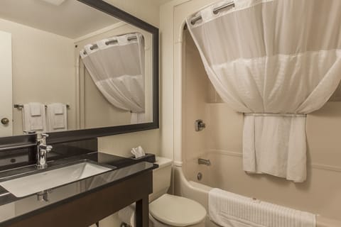 Combined shower/tub, free toiletries, hair dryer, towels