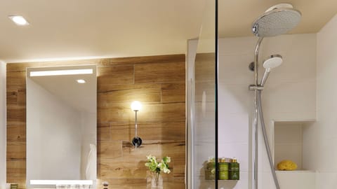 Shower, free toiletries, hair dryer, towels