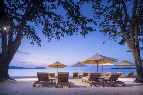 On the beach, sun loungers, beach umbrellas, beach towels