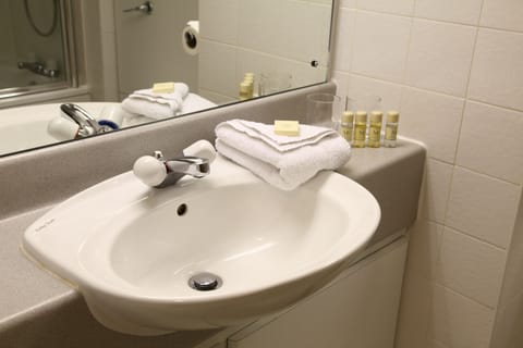 Combined shower/tub, free toiletries, hair dryer, towels