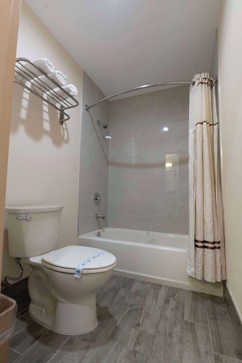 Combined shower/tub, free toiletries, hair dryer