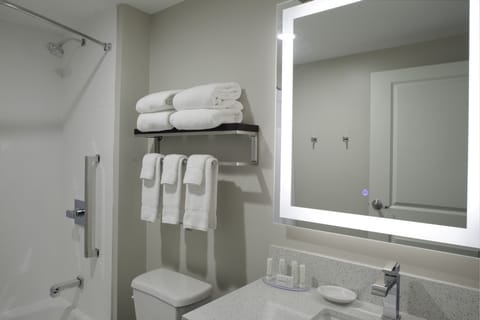 Combined shower/tub, eco-friendly toiletries, hair dryer, towels