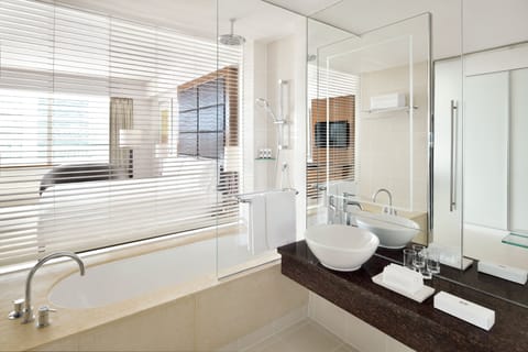 Combined shower/tub, eco-friendly toiletries, hair dryer, bathrobes