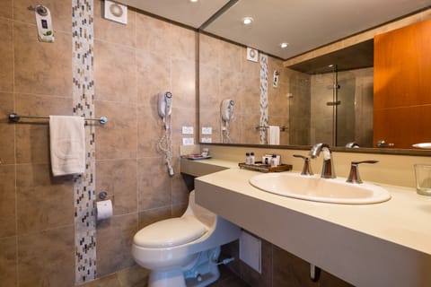 Shower, eco-friendly toiletries, hair dryer, towels