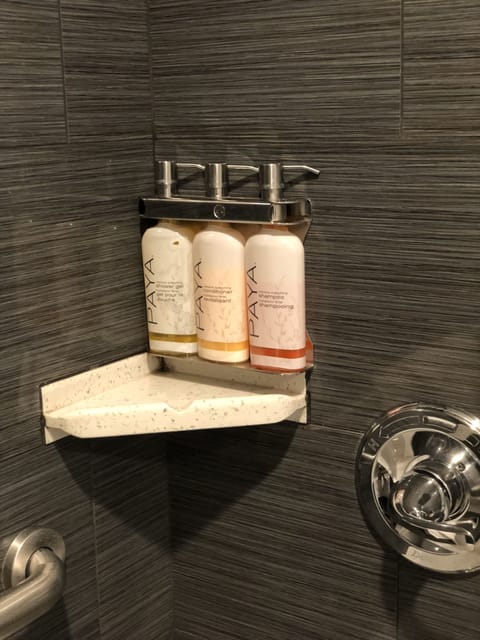 Combined shower/tub, eco-friendly toiletries, hair dryer, towels