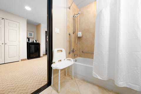 Combined shower/tub, free toiletries, hair dryer, towels