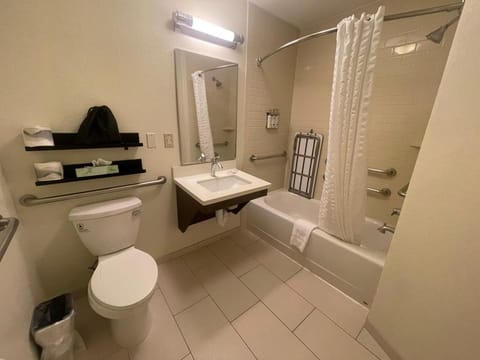 Combined shower/tub, free toiletries, hair dryer, towels