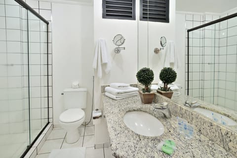 Executivo Casal + solteiro | Bathroom | Shower, free toiletries, hair dryer, towels