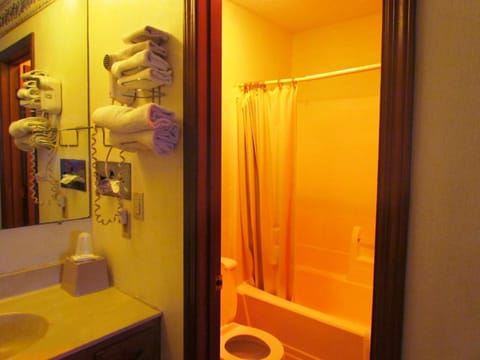 Combined shower/tub, free toiletries, towels