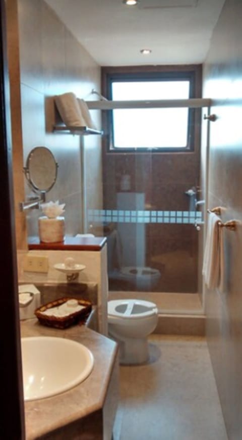 Shower, free toiletries, hair dryer, towels