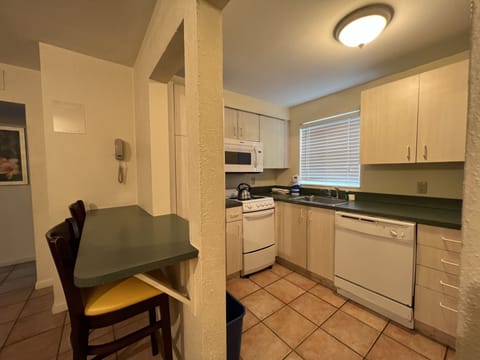 Two bedroom, 1 Bath, Patio View | Private kitchen | Full-size fridge, microwave, stovetop, coffee/tea maker