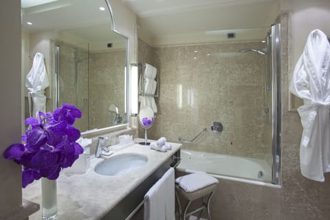 Combined shower/tub, free toiletries, hair dryer, bidet