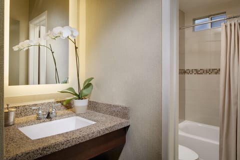 Combined shower/tub, free toiletries, hair dryer, towels