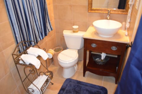 Combined shower/tub, hair dryer, towels