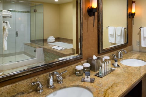 Designer toiletries, hair dryer, towels, soap