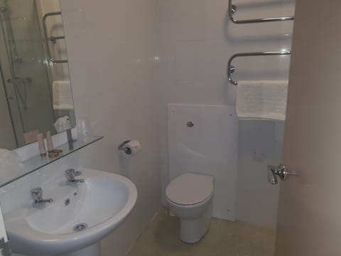 Shower, free toiletries, hair dryer, towels