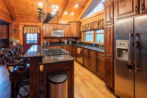 MoonShadow Lakeview Cabin, 3 Bedrooms, Hot Tub, Mountainside | Private kitchen | Full-size fridge, microwave, oven, stovetop