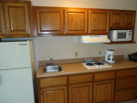 Fridge, microwave, stovetop, coffee/tea maker