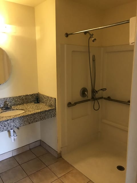 Combined shower/tub, free toiletries, hair dryer, towels