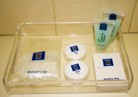 Shower, free toiletries, hair dryer, towels