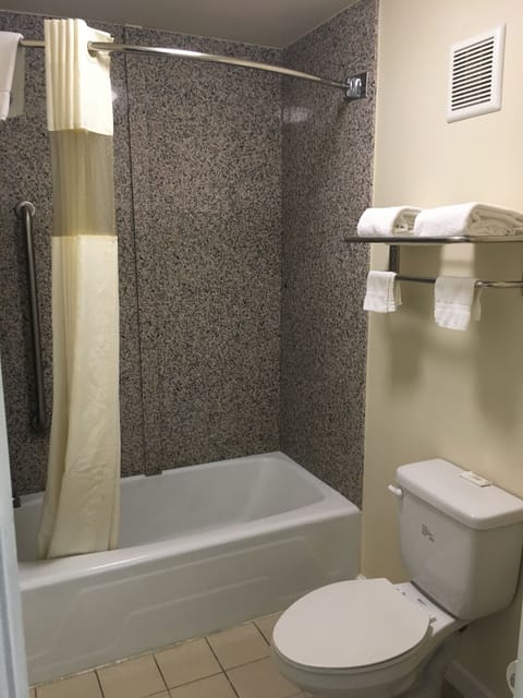 Combined shower/tub, free toiletries, towels