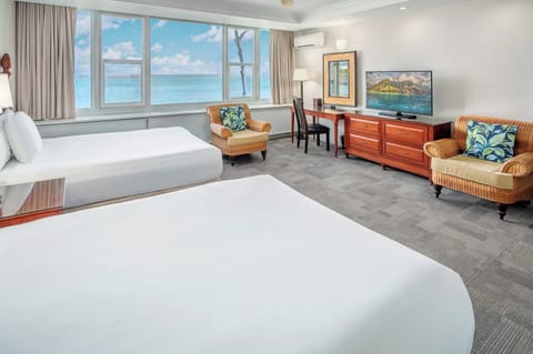 Suite, 2 Queen Beds, Oceanfront | Desk, laptop workspace, blackout drapes, iron/ironing board