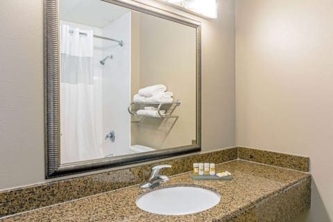 Combined shower/tub, free toiletries, hair dryer, towels