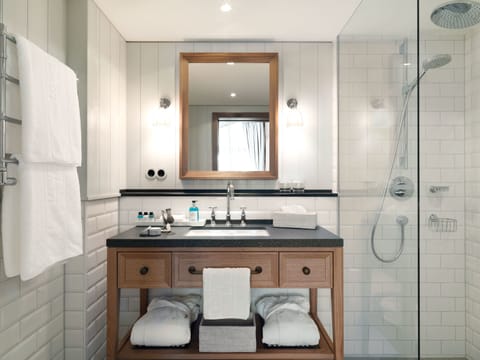 Hair dryer, bathrobes, slippers, towels