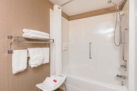 Combined shower/tub, free toiletries, hair dryer, towels