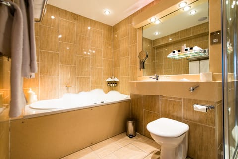 Penthouse | Bathroom | Combined shower/tub, designer toiletries, hair dryer, towels