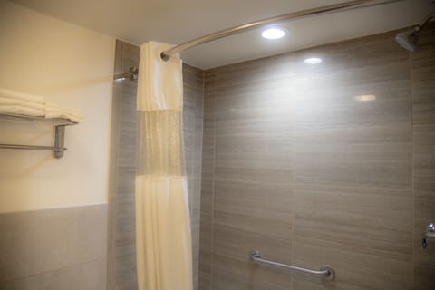 Combined shower/tub, free toiletries, hair dryer, towels