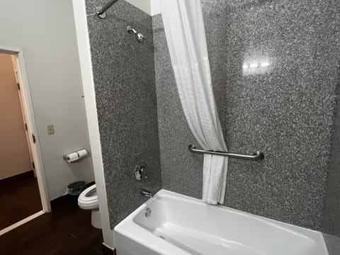 Combined shower/tub, free toiletries, hair dryer, towels