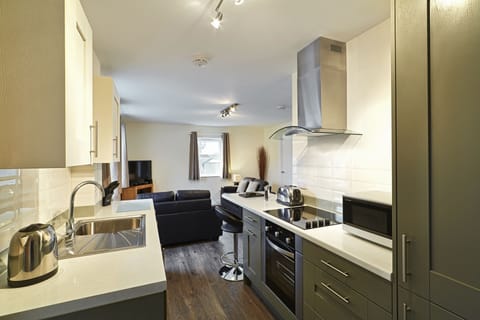 Apartment, 1 Bedroom | Private kitchen | Fridge, microwave, oven, stovetop