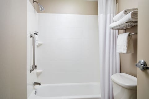 Combined shower/tub, free toiletries, hair dryer, towels