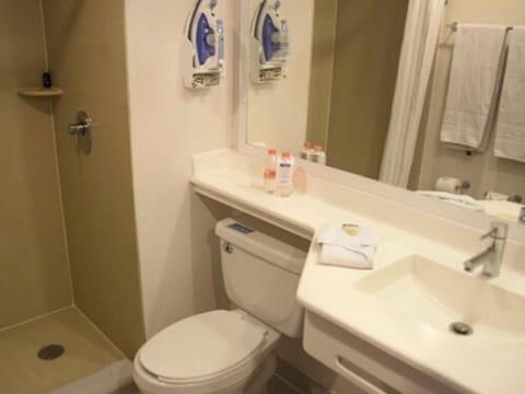 Shower, free toiletries, hair dryer, towels