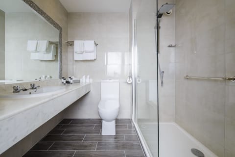 Combined shower/tub, eco-friendly toiletries, hair dryer, towels