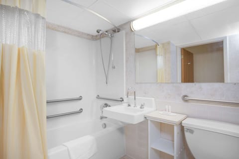 Combined shower/tub, deep soaking tub, free toiletries, hair dryer