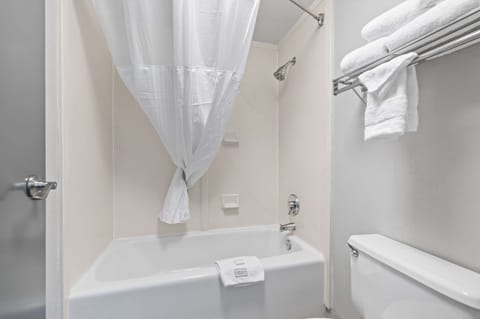 Combined shower/tub, free toiletries, hair dryer, towels