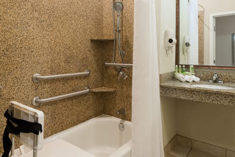 Combined shower/tub, free toiletries, hair dryer, towels