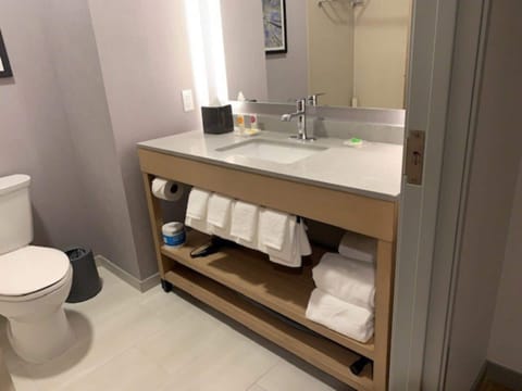 Combined shower/tub, free toiletries, hair dryer, towels